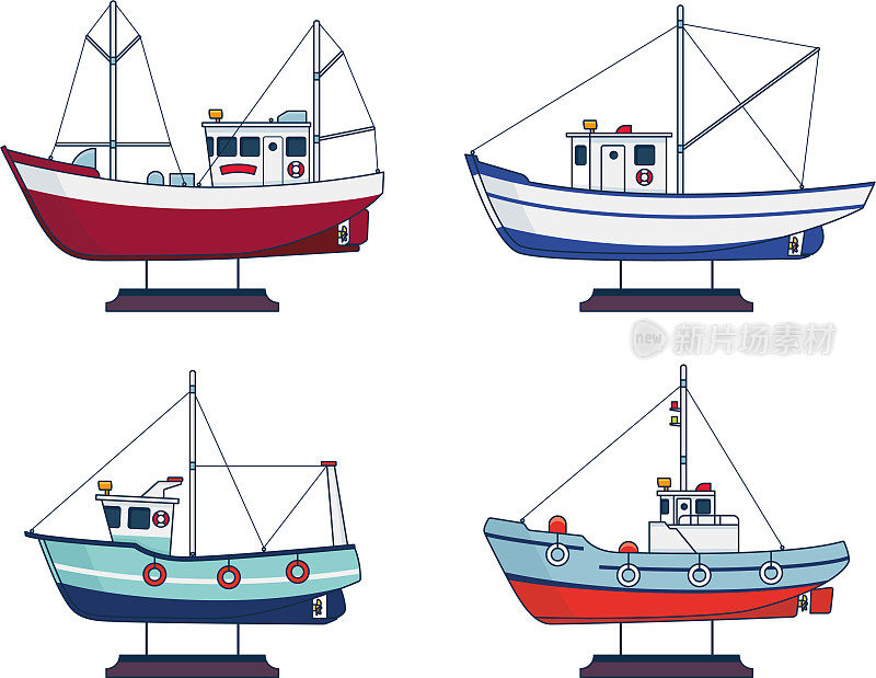 Four toy fishing boats